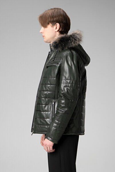 Dericlub E1039 Green Men's Coat - Hooded and Vegetal Genuine Leather