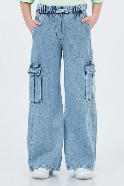 Hopi Kids Cargo Pocketed Elastic Waist Wide Leg Girl's Cargo Jeans