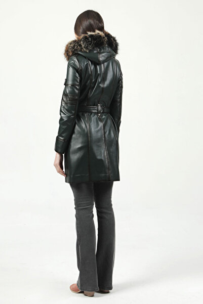 Dericlub Green Nairobi Women's Trench Coat - Genuine Leather and Hood