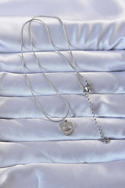 BSRE Silver Color Engraved Eye Detail Heart Necklace (316L Steel)