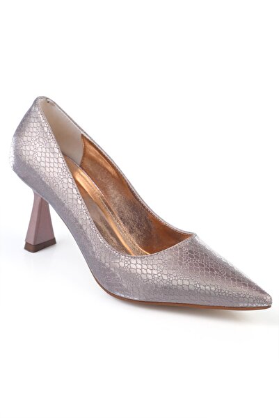 ShoeTek Luana Kadın Stiletto Kroko Desenli Topuklu Ayakkabı Roz Simli