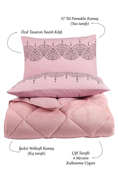 Otelonia Single Wellsoft Quilt Set Double Sided 3 Piece Set with 2 Pillowcases Dried Rose