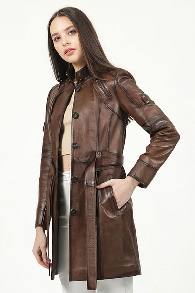 Dericlub Deri̇club Athens Women's Button Genuine Leather Trench Coat Camel Antique