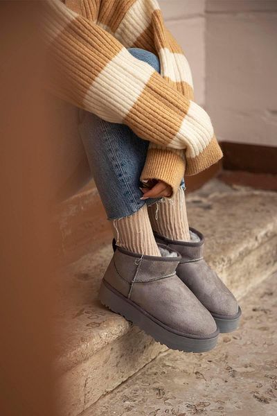 STRASWANS Tommo Women's Furry Thick Sole Suede Ankle Boots Gray