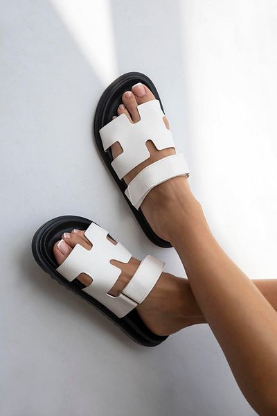STRASWANS Papuci de piele albă pentru femei Farmer - Imprimare cu velcro