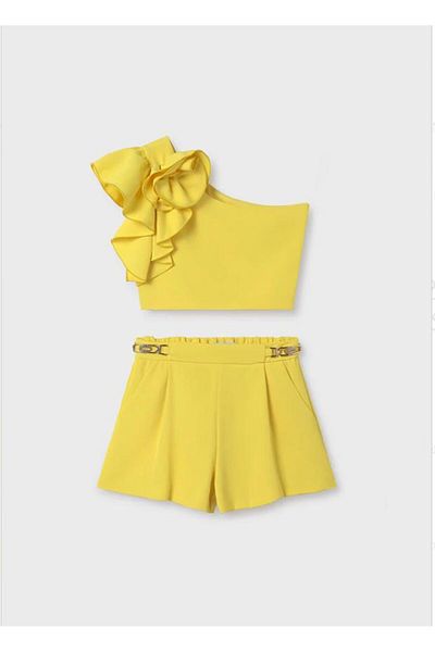 Abel & Lula Abel and Lula Girl's Elegant Stylish Shoulder Ruffle Stylish Shorts Suit Yellow L24Y5272