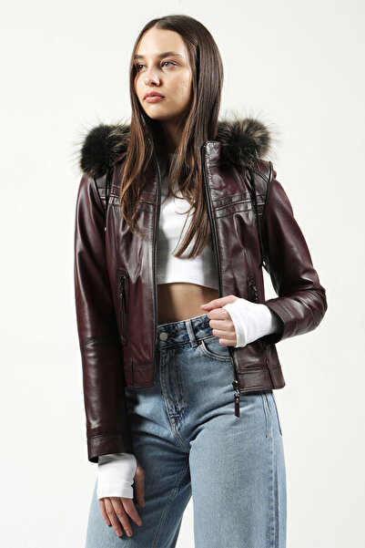 Dericlub Yb2028 Kapüşonlu Gerçek Deri Kadın Mont Bordo