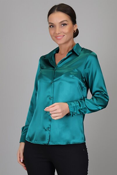 SWEETNESS Women's Emerald Green Satin Long Sleeve Evening Dress Shirt