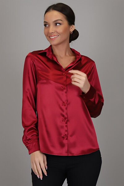 SWEETNESS Women's Burgundy Satin Long Sleeve Evening Dress Shirt