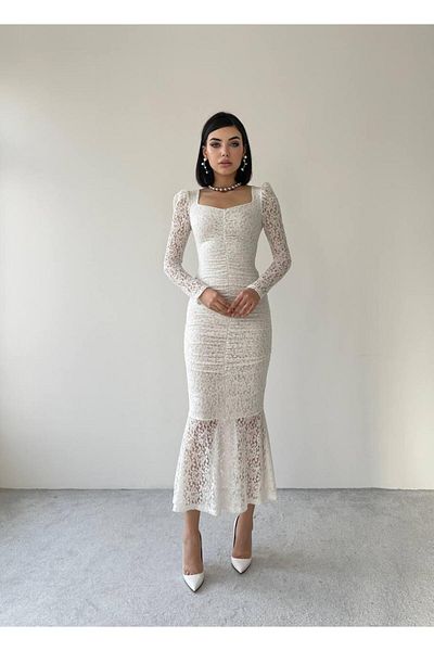 conconmoda Hadise Long White Lace Dress