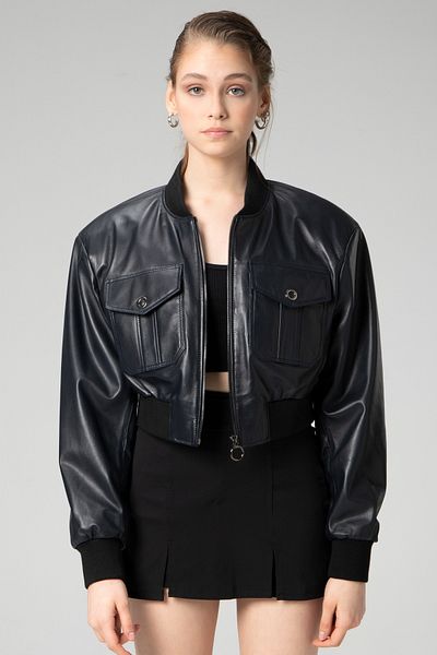 Dericlub Beatrice Women's - Navy Blue Genuine Leather Ribbed Crop Coat