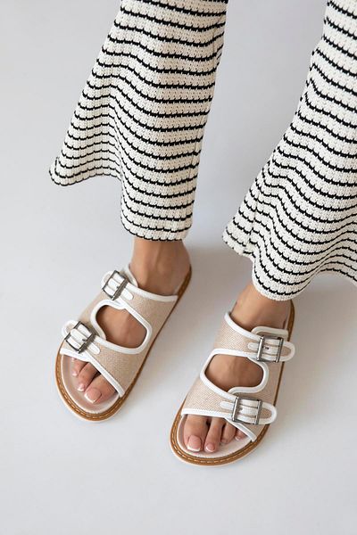 STRASWANS Papuci de piele pentru femei White Moss - Design casual cu detaliu din răchită