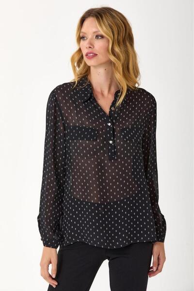 İKİLER Önü Düğmeli Süs Kapak Cepli Desenli Bluz 245-3009