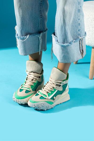 ShoeTek Cizme și ghete pentru femei Azafran Cizme sport cu șireturi din piele intoarsa bej și verde