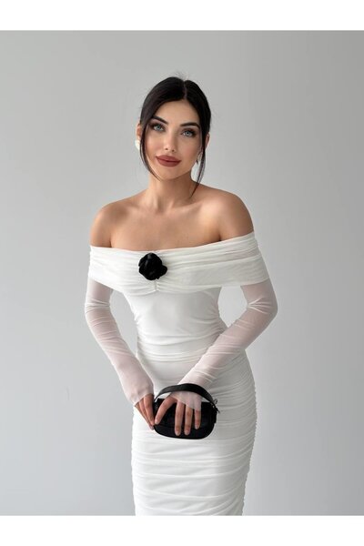 conconmoda Star Siyah Strsplez Drapeli Gül Detay Elbise