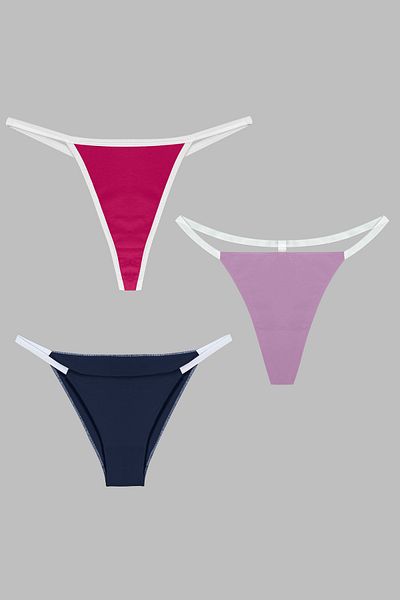 Yohannes Club 3-Piece Brazilian String Set for Women - T-Thong and Thong Navy Blue, Lilac, Pink