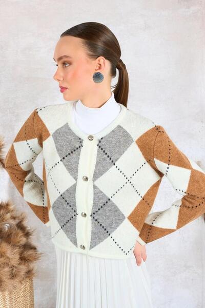 Ravencia Жіночий кардиган з золотими ґудзиками, візерунком баклави та гірчичним кольором - комір-стійка