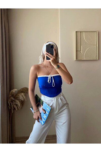 Zora Butik Bağlamalı Straplez Crop-Saks MAVİ