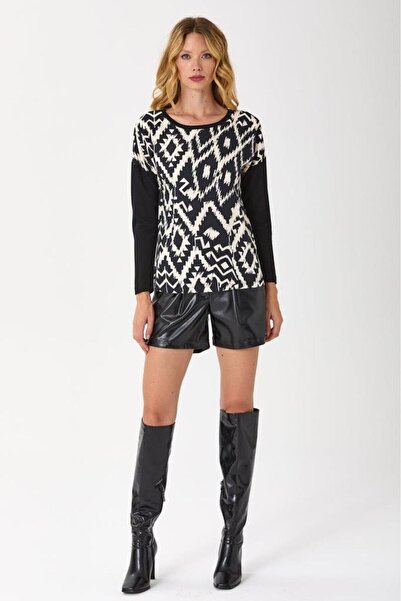 İKİLER Önü Dokuma Garnili Yuvarlak Yaka Uzun Kol Bluz 245-1502