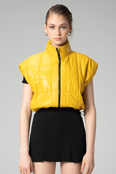 Dericlub Wm054 Gerçek Deri Kadın Şişme Yelek Sarı