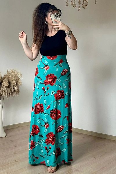AZRA BUTİK Πράσινο φόρεμα βισκόζης - Μεγάλο μοτίβο τριαντάφυλλου