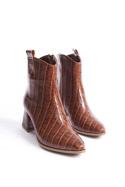 Bak Store Thick Heeled Tan Crocodile Cowboy Style Women's Boots - Short Pointed Toe