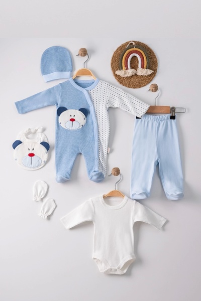 Babydonat طقم بيبي بوي مكون من 5 قطع - 100% قطن، تطريز تيدي بير وزرة