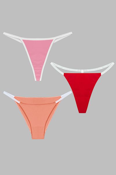 Yohannes Club Women's 3-Piece Brazilian String Set - T-Thong and Thong Salmon Red Powder