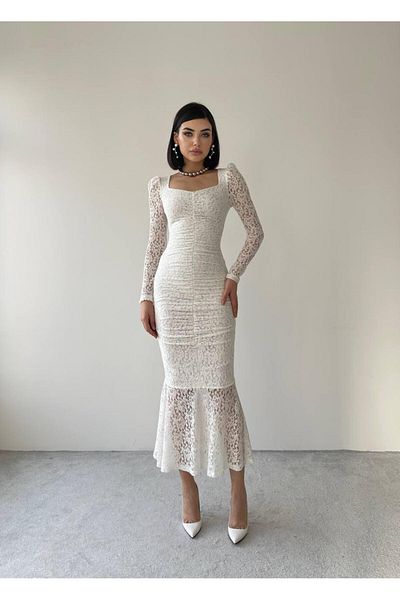 conconmoda Hadise Long White Lace Dress