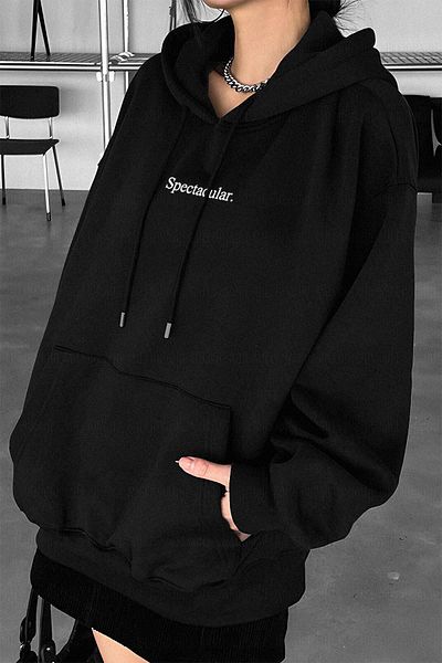 Millionaire Hanorac negru spectaculos imprimat cu 3 fire, cărbune, cu glugă, buzunar cangur, transpirație oversize casual
