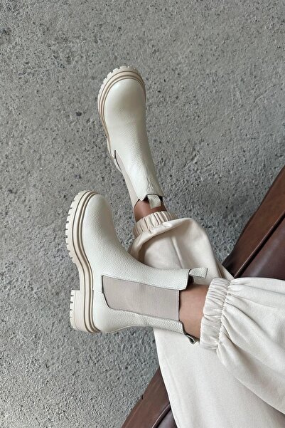 STRASWANS Helen Kadın Lastik Detay Hakiki Deri Postal Bot Bej