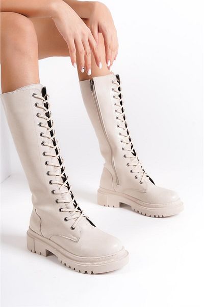 Bak Store Beige Leather Zippered Laced Long Boots Women's Boots