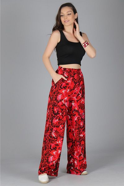 SWEETNESS Women's Red Wide Leg Elastic Waist Pants