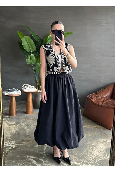 Mervellion تنورة بالون سوداء طويلة مرنة