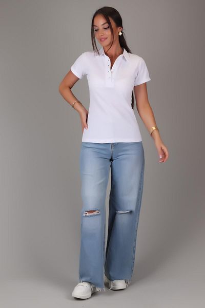 SWEETNESS White Cotton Short Sleeve Shirt Collar Women's T-Shirt