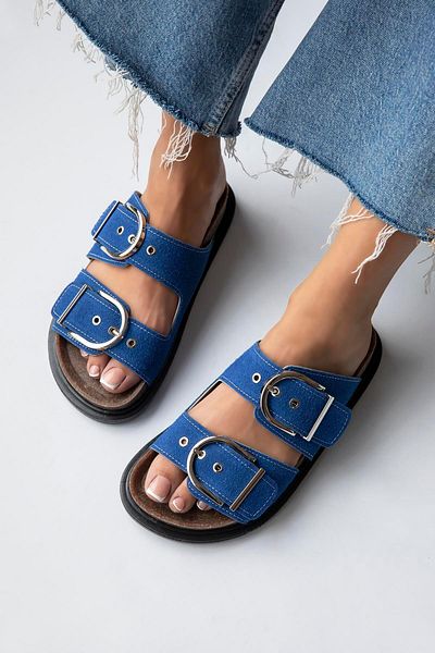 STRASWANS Zowie Women - Papuci albastru din piele intoarsa, cu catarama, confort zilnic