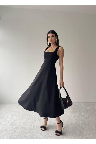 conconmoda Colliope Kare Yaka Midi Boy Elbise -00037 - Siyah