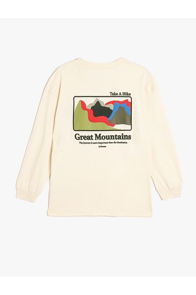 Koton Cotton Long Sleeve Oversize T-Shirt - Crew Neck, Print Detail