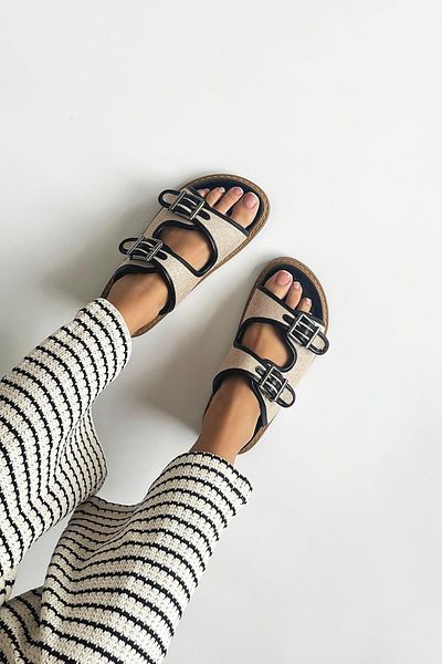 STRASWANS Papuci casual de damă din piele Black Moss - Detaliat cu paie