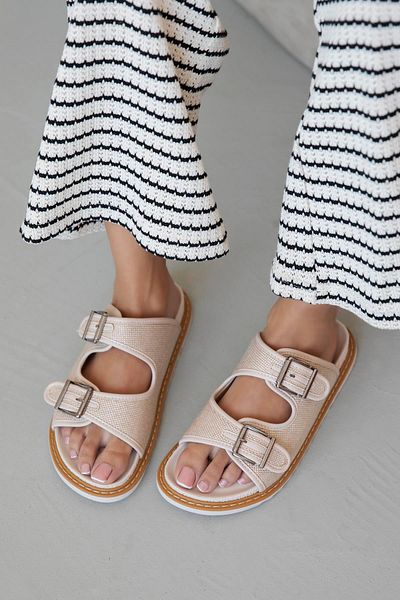 STRASWANS Papuci de piele de damă Beige Moss - Design casual cu detaliu de paie