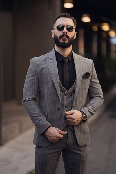 Salihtarzz ITALIAN CUT STRIPED VEST MEN'S GRAY SUIT DRESS - SLIM FIT SD4849