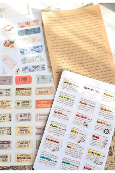 sticker Vintage Sticker Seti (120 parça *4 sayfa*) / Scrapbook, Planner, Journal