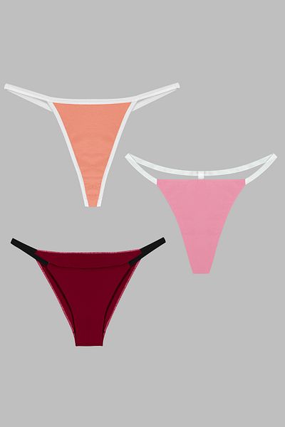 Yohannes Club Women's 3-Piece String Set - Brazilian T-Thong and Thong, Burgundy, Powder, Salmon
