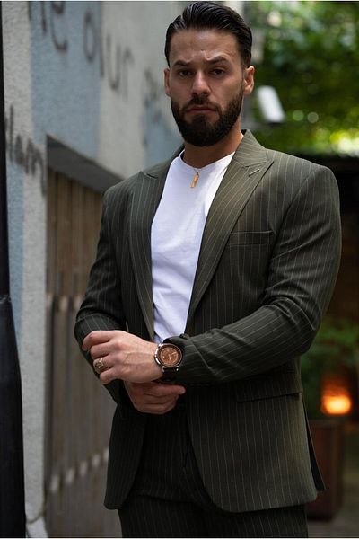 Salihtarzz Italian Cut Suit Green Striped Sports Drawstring - Slim Fit SD4956