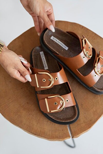 STRASWANS Zowie Women's Leather Slippers - Buckle Detailed, Daily Comfort, Tan