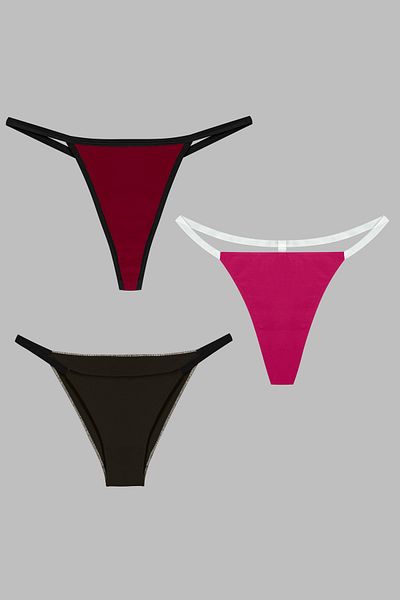 Yohannes Club 3-Piece Brazilian String Set for Women - T-Thong, Thong Black, Pink, Burgundy