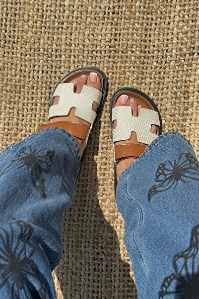 STRASWANS Palmeira Beige-Straw Women's Leather Slippers - Velcro Strap