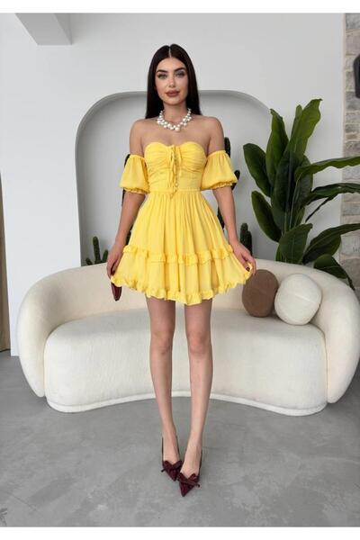 conconmoda Leydi Düşük Kol Şifon Mini Gloplu Elbise