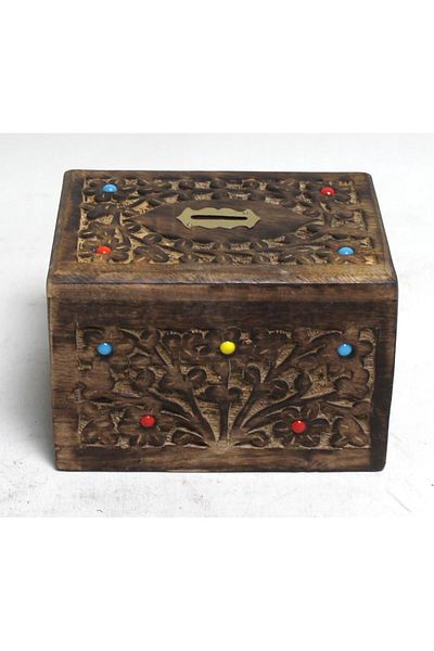 Otantik Çarşı 17x13x11 cm Wooden Carved Beaded Piggy Bank