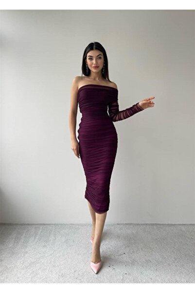 conconmoda RENKLİ TEK KOLU TÜL DRAPELİ ELBİSE -6682 - Mor